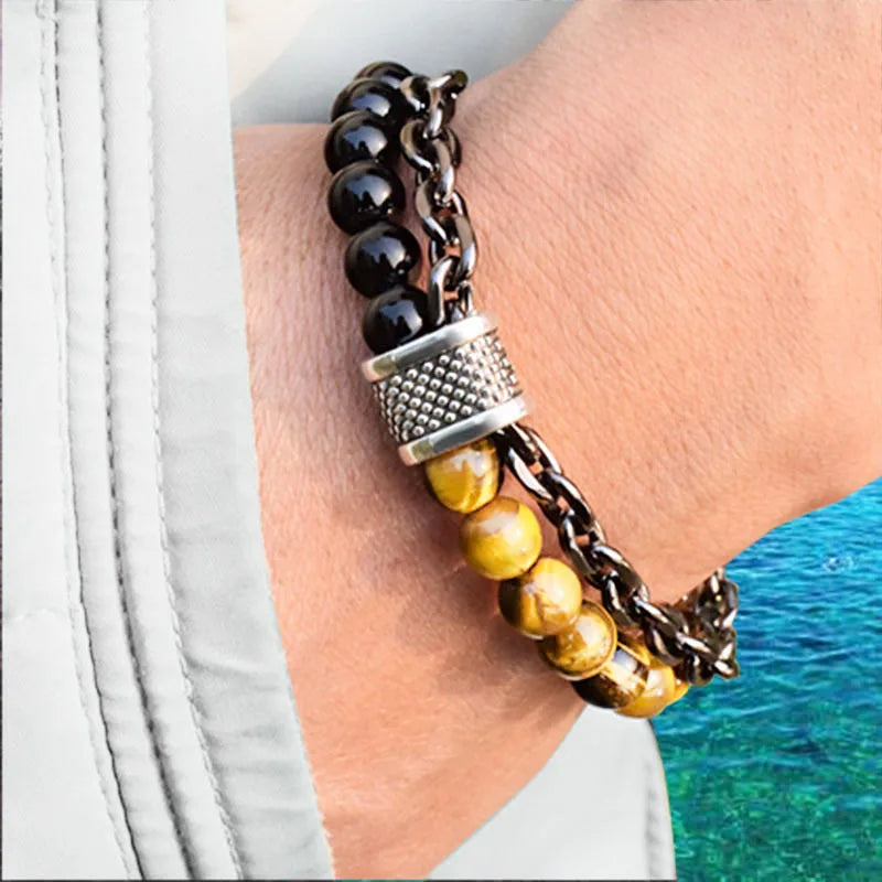 2 Layers Gun Black Stainless Steel Chain Bracelet