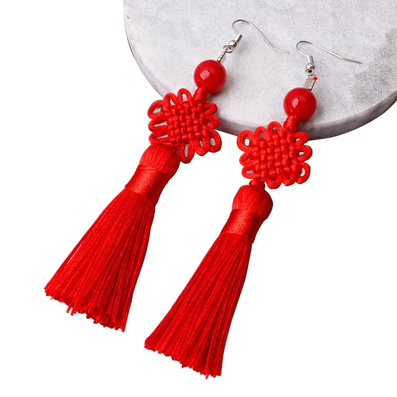 Colorful Thread Braided Chinese Knot Tassel Earrings