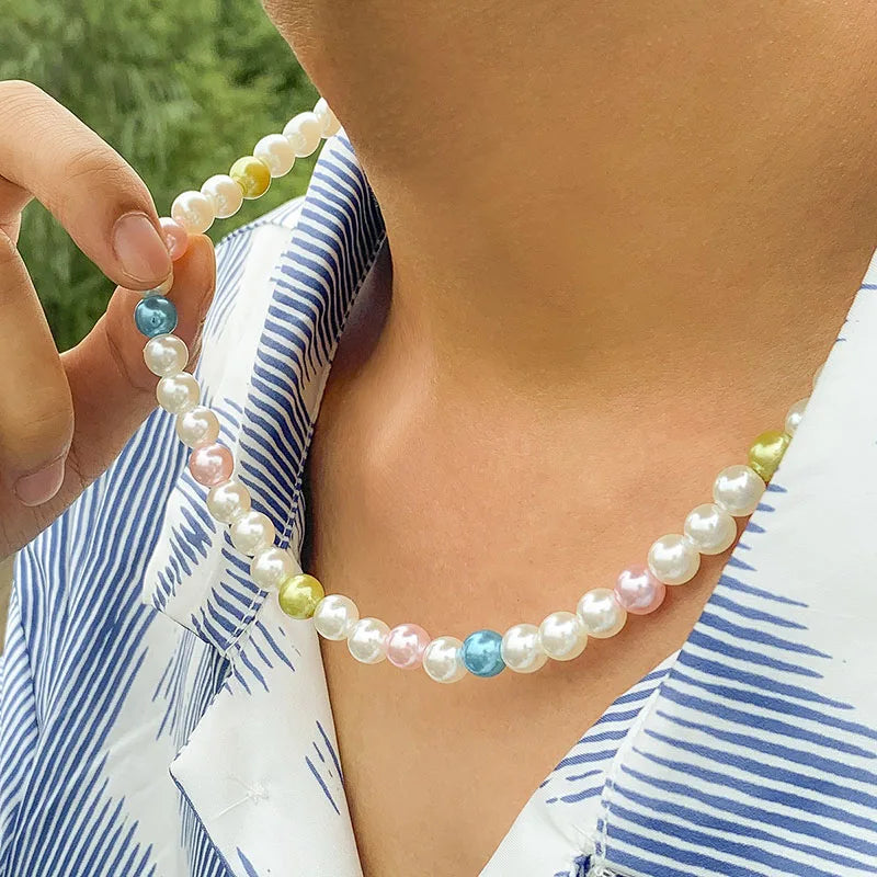 Colorful Pearl Beads Chains Collar Necklace Men Cool Hiphop Pearl Necklace Clavicle Chain Korean Fashion Neck Jewelry Teenager