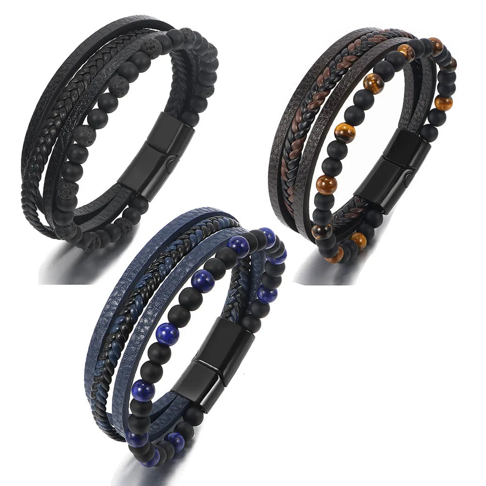 Layered Genuine Leather Bracelet for Men Tiger Eye Stone Bead Bracelet Bangle Magnetic Clasp Wristband Hand Jewelry Gifts Male