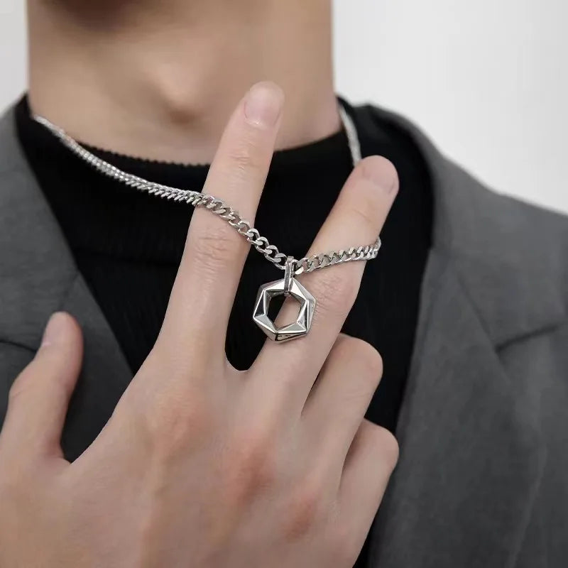 Stainless Steel Cuban Chain Necklace for Men Women Geometric Hexagon David Star Pendant Hip Hop Neck Chains Man Necklace Jewelry