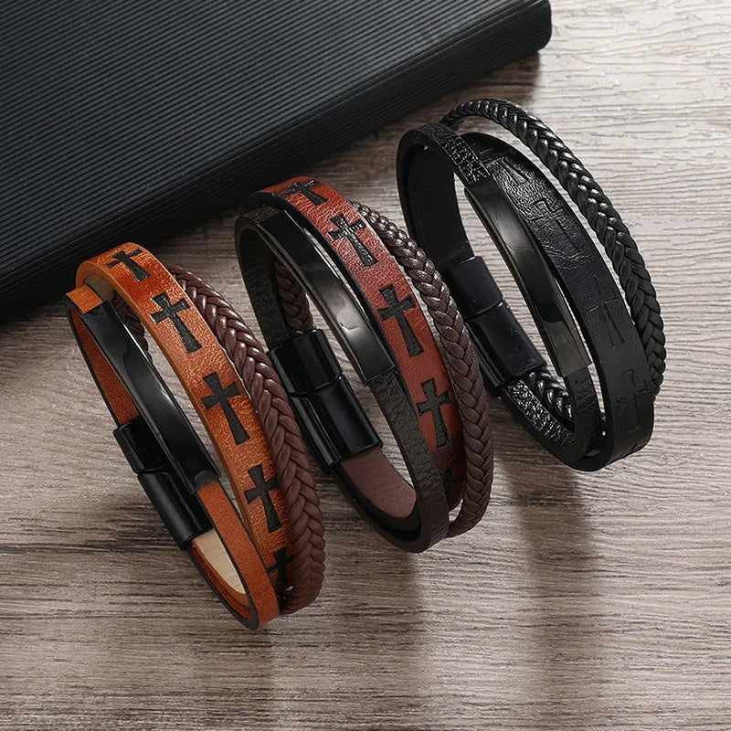 Multilayer Leather Braided Wrap Bracelets Mens Jesus Christ Cross Charm Leather Braclets Wristband Jewelry With Magnetic Clasp