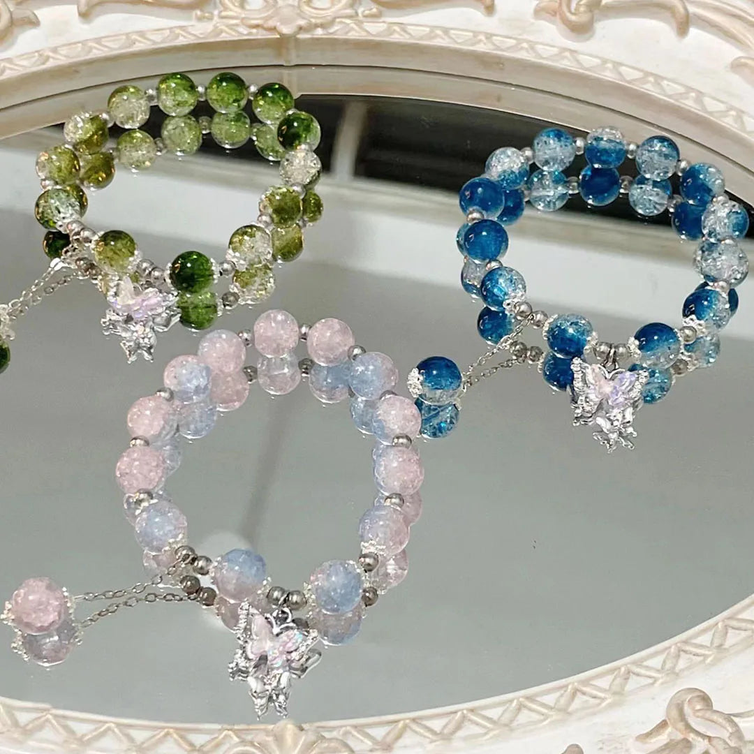 Pink Crystal Butterfly Bracelets for Women Romantic Green Blue Beads Charm Bracelet Girls Students Hand Jewelry Friends Gift New