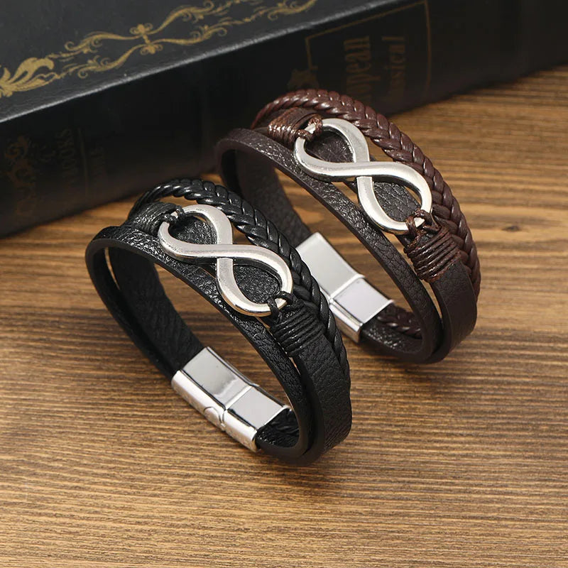 New Genuine Leather Woven Bracelet for Men Infinity Charm Wrap Bracelets Male Hand Jewelry Boho Braided Leather Bracelet Homme
