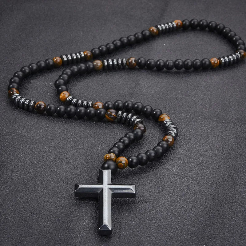 Men's Fashion Beaded Necklace Obsidian Tiger Eye Stone Beads Charm Cross Pendant Necklace Lucky Rosary Necklace Sweater Chains