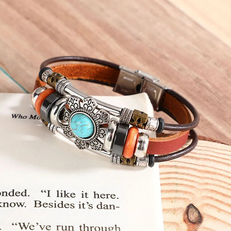 Vintage Genuine Leather Bracelet for Women Men Tibetan Lotus Flower Synthetic Turquoise Stone Charm Bracelets Leather Wristband