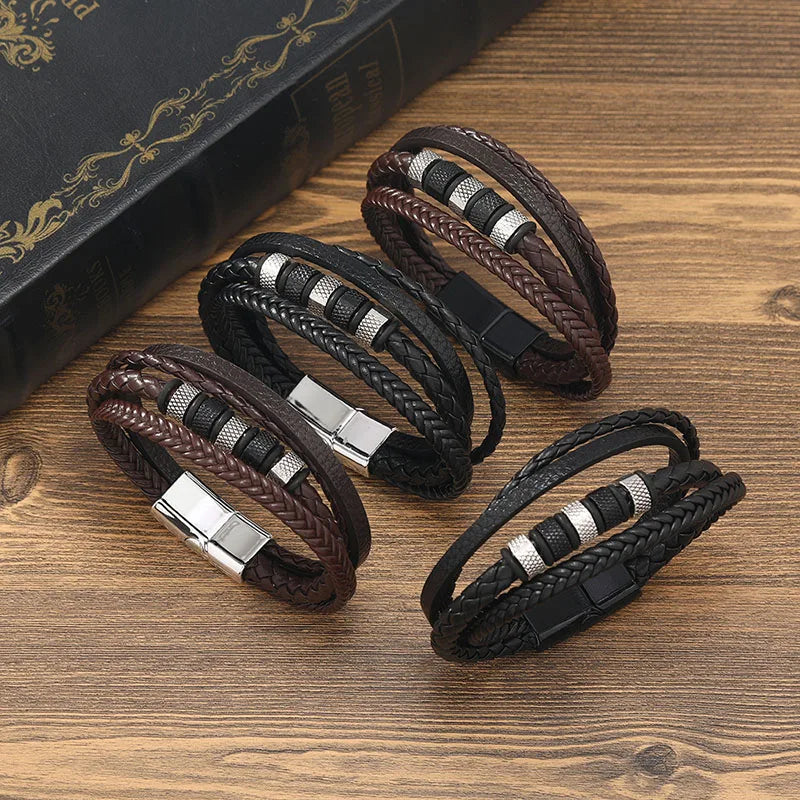 New Punk Layered Woven Bracelet Vintage Viking Beads Charm Men Leather Bracelet Wristband Genuine Leather Braided Bracelet Homme