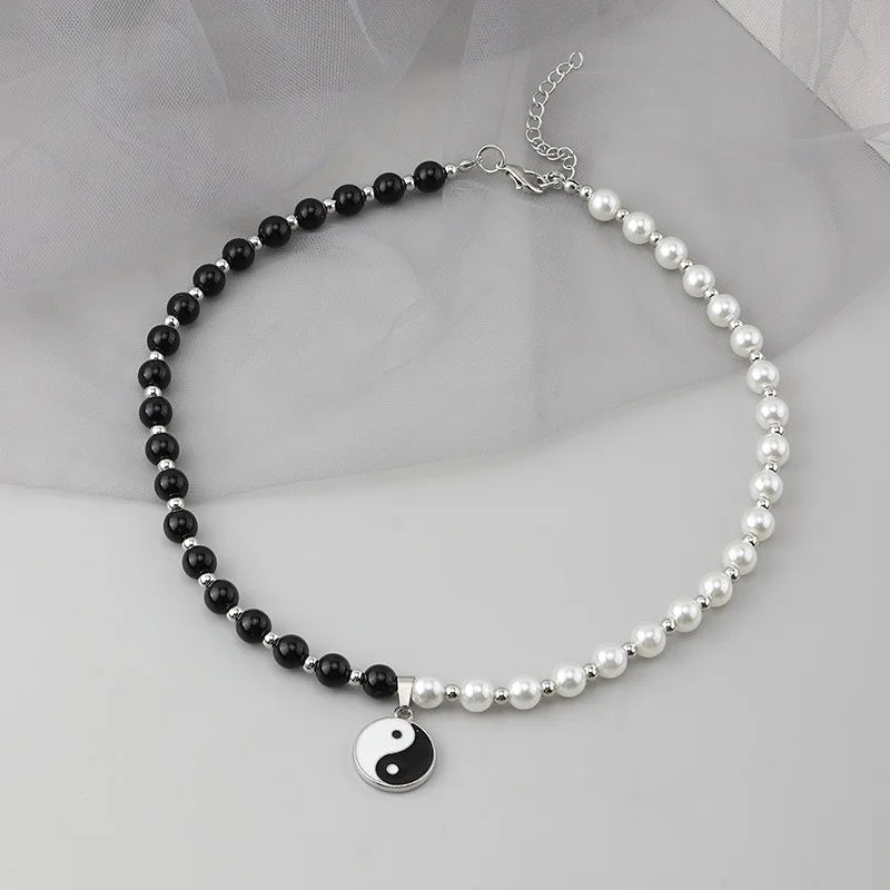 Black White Pearl Beads Chain Necklace for Man Round Tai Ji Pendant Choker Mens Hip Hop Pearl Necklace Neck Chains Y2K Jewelry