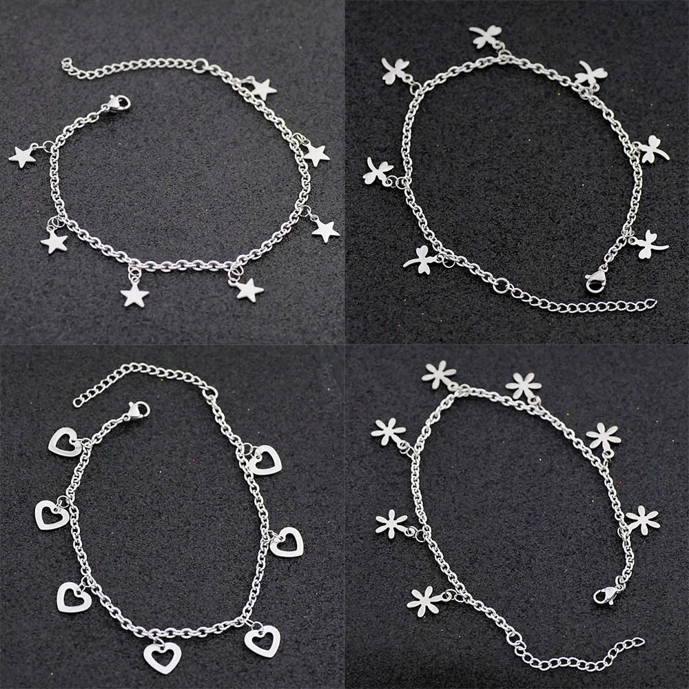 Allergy Free Stainless Steel Ankle Bracelet for Women Pentacle Love Heart Charm Bracelet on Leg Girls Foot Chains Anklet Jewelry