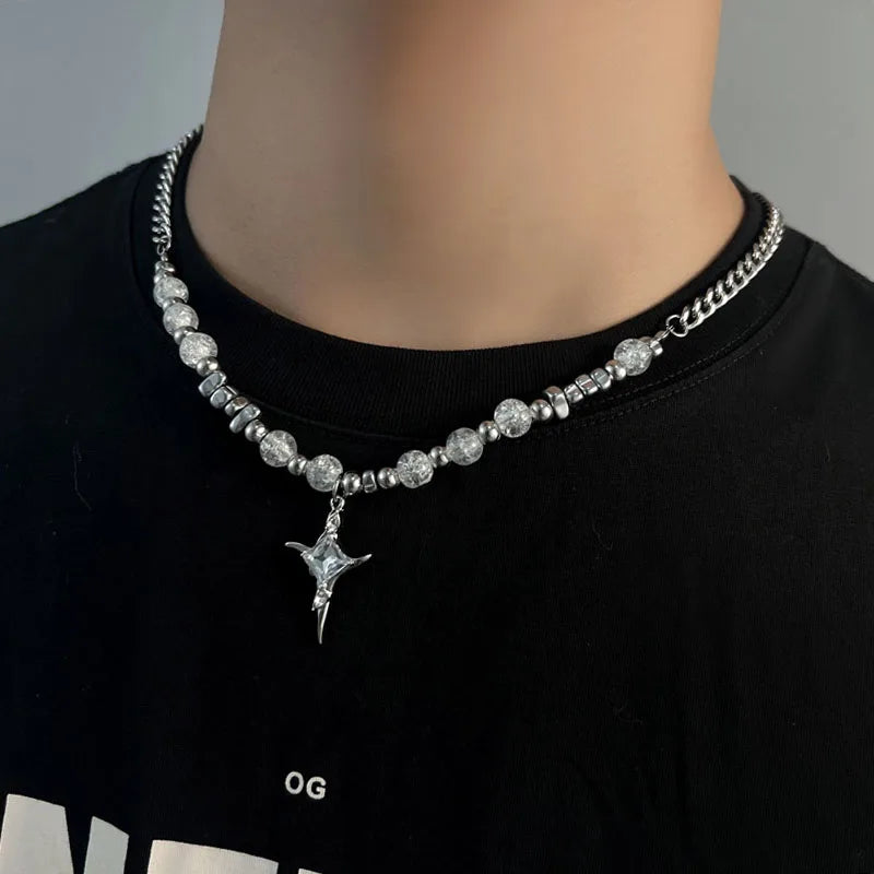 Stainless Steel Cuban Chains Necklace for Men Women Ice Crack Beads Charm Cross Necklaces Steel Neck Chains Gothic Neck Jewelry