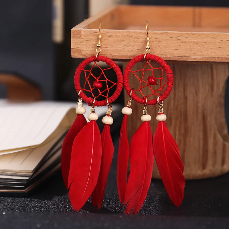 Green Blue Red Feather Tassel Earrings for Women Feather Fringed Dreamcatcher Long Earring Women's Handmade Boho Earings Jewelry