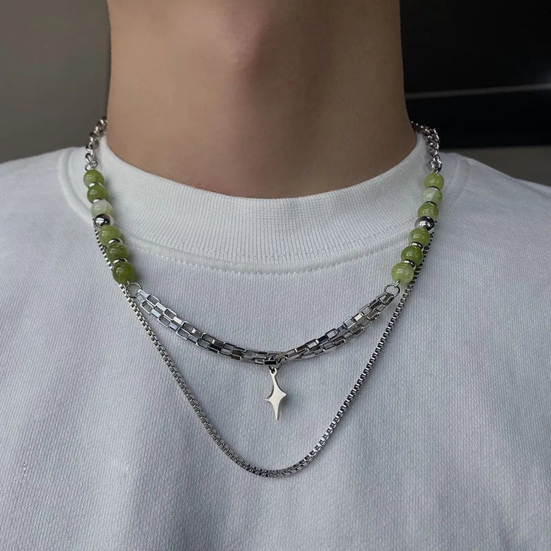 Natural Green Stone Beads Choker Necklace for Men Women Layered Stainless Steel Chain Hiphop Star Pendant  Neck Clavicle Jewelry