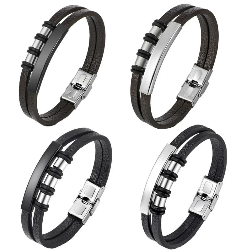 Genuine Leather Bracelet for Men Hip Hop Stainless Steel Charm Leather Wrap Bracelet Homme Wristband Hand Jewelry Accessories