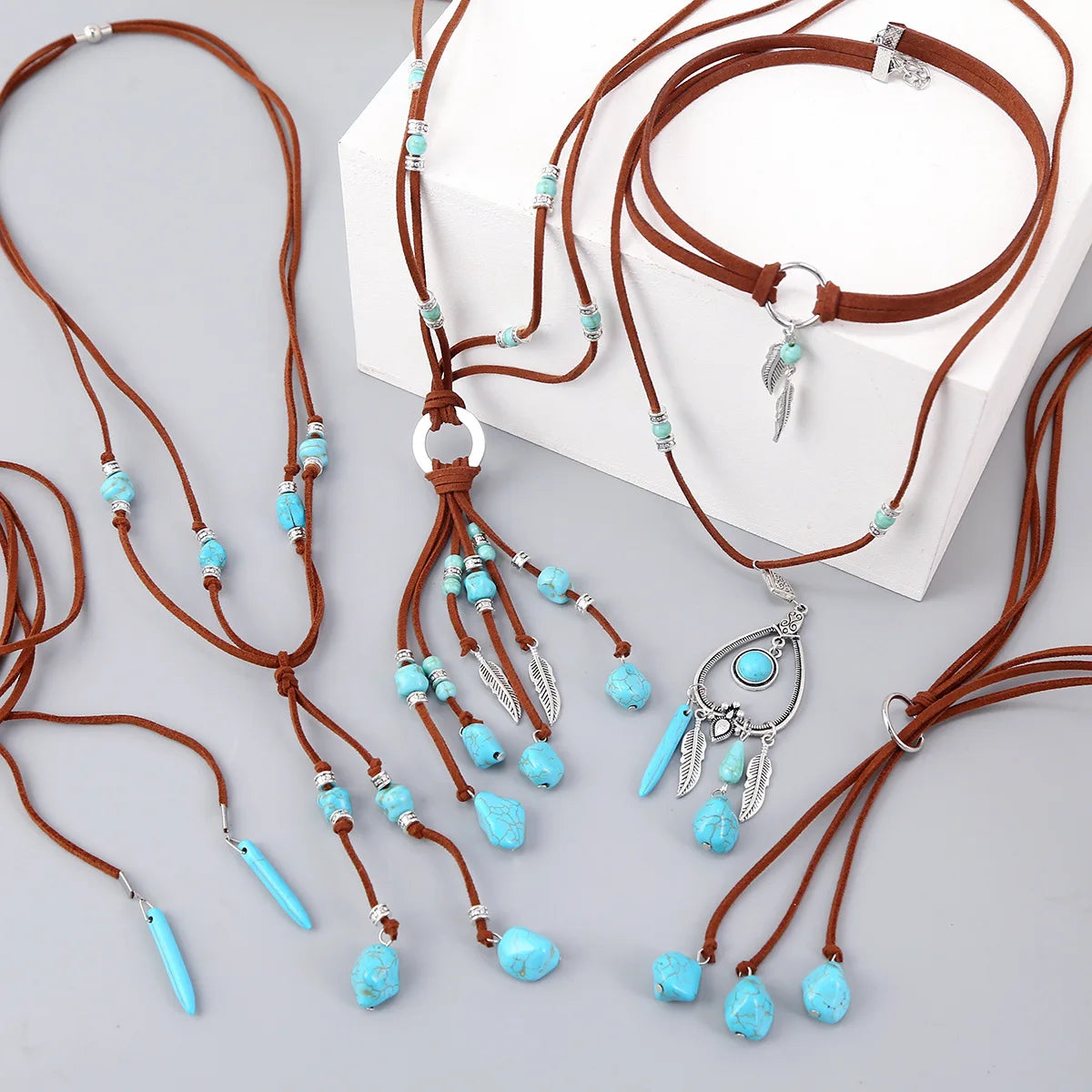 Bohemian Style Genuine Leather Sweater Chain Necklace for Women Irregular Blue Stone Pendant Long Necklace Boho Jewelry Gifts