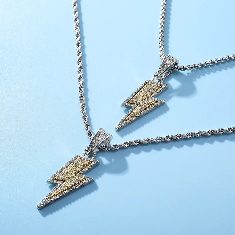 Full Rhinestones Lighting Thunder Pendant Necklace For Men Women Stainelss Steel Sweater Chains Hiphop Neck Jewelry Collar Chain