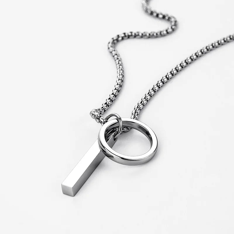New Geometric Round Hoop Cuboid Pendant Necklace for Women Men Stainless Steel Sweater Chains Hip Hop Neck Chain Pendant Jewelry