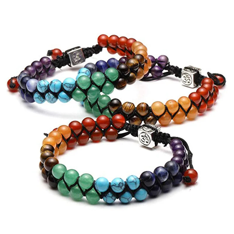 Double Layer 7 Chakra Bracelets for Women Men Vintage Indian Yoga Bracelet Chakra Pray Lava Stone Beads Bracelet Healing Jewelry
